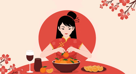 Asian Woman Enjoying Tangerines During The Lunar New Year Celebration