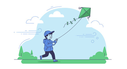 Boy Running And Flying A Kite In A Park During A Sunny Day