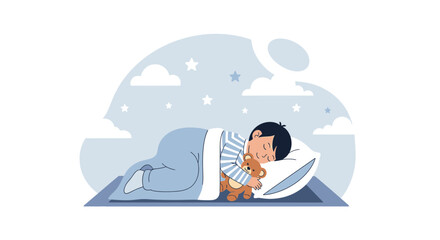 Boy Sleeping Peacefully With His Teddy Bear Under a Blanket Surrounded By Stars