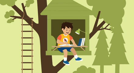 Boy Studying In Treehouse Surrounded By Greenery And Natural Light Illustration