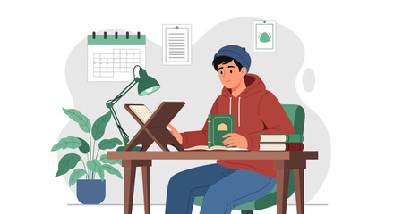 Boy Studying Quran with Lamp at Desk in Calm Peaceful Environment