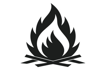 Minimalist Black and White Illustration of a Campfire with Burning Flame and Wood Logs