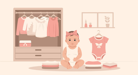 Baby Girl And Clothes In Her Room Ready To Wear On Cream Background