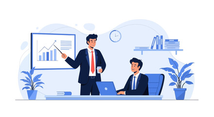 Business Presentation With Employee On Laptop And Presenter Showing Growth Chart