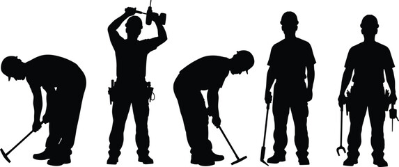 Obraz premium Cad drawing flat vector illustration of construction worker silhouettes holding tools like hammer, drill and wrench in black style