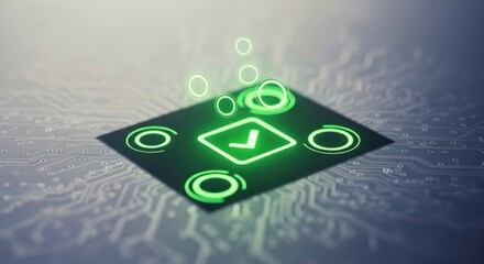 Glowing green check on circuit board with haloed circles, blurred focus