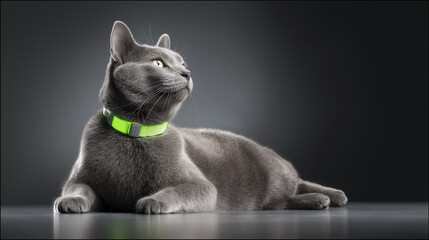 Chartreux Cat with a Neon Collar