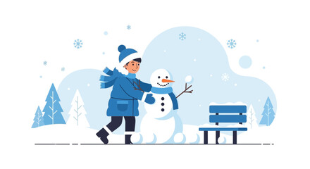 Boy Building A Snowman In Winter Scenery Near The Snowy Park Bench