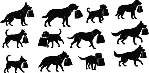 Vector silhouette illustration of various dog breeds carrying shopping bags, playful pet concept with retail and canine behavior design