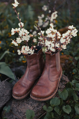 Brown Chelsea Boots with White Flowering Branches