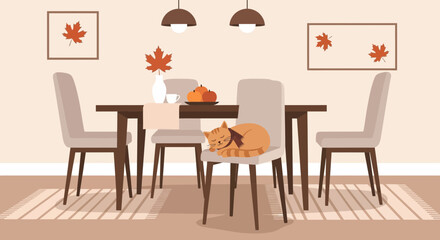 Cozy Autumn Dining Room Scene with Sleeping Cat and Fall Decorations