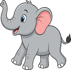 Cute cartoon baby elephant with big ears, smiling face, playful pose, vector art for children's book, poster, nursery, decor