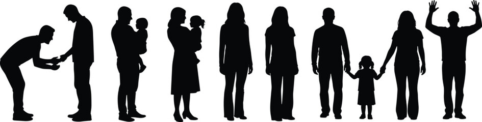 Cad drawing flat vector illustration, human silhouettes, family evolution stages, parenting gestures, life cycle, expressive poses, bonding, emotional connection