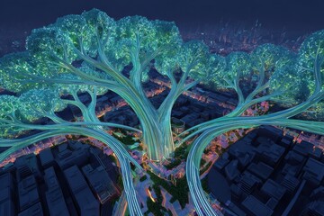 Tree-Shaped Neon Smart City with Glowing Branches