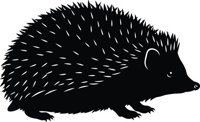 Black silhouette of hedgehog with spiky fur and short legs in side view minimal vector style animal illustration