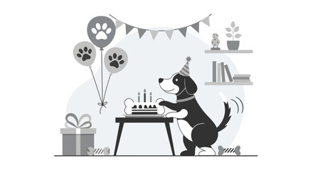 Celebrating A Dog's Birthday With Paw Print Balloons And Bone Shaped Cake