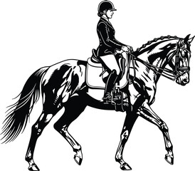 Cad drawing flat vector illustration, equestrian rider on horse, detailed line art, sports, riding, elegant style, digital sketch