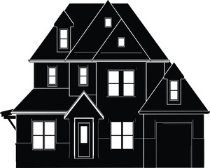 Cad drawing flat vector illustration of residential house with garage, architectural black and white silhouette, modern multi-story home design