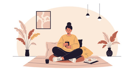 Cozy Home Scene With A Woman Relaxing And Using Her Mobile Phone