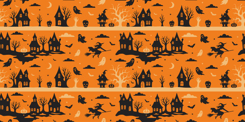 Orange seamless Halloween pattern with haunted houses, witches, ghosts, bats, pumpkins, and spooky trees. Ideal for festive wrapping, textiles, and party decor. Vector art