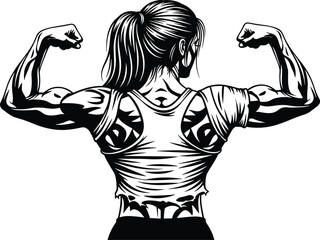 Cad drawing flat vector illustration of strong man flexing muscles, back view, fitness pose, black and white tattoo art