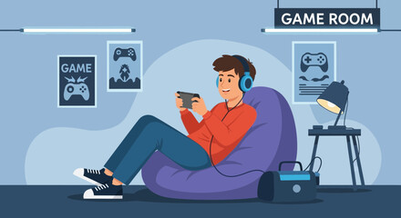 Boy Immersed In Mobile Gaming At Home Relaxing In A Beanbag Chair