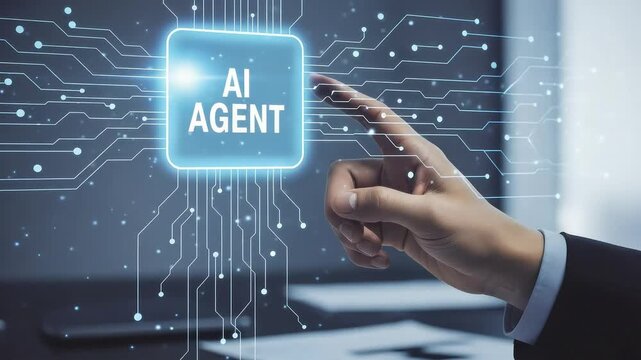 A businessmans finger touches a glowing blue screen displaying ai agent surrounded by digital circuits and glowing particles, symbolizing advanced artificial intelligence and future technology