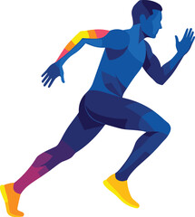 Cartoon runner in action pose wearing yellow shoes, dynamic motion illustration, fitness activity concept vector for sports icon, poster, decor