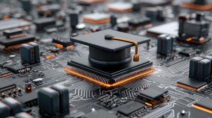 Graduation cap on circuit board, glowing details