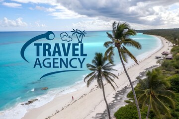 Text Travel Agency Logo ocean palm trees beach art design hotel nature background travel cruise company resort template vacation banner concept tickets booking agency service marketing holiday tour