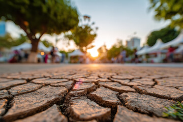 Dry soil in an urban park under direct sunlight during sunset hours