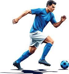 Polygonal soccer player running toward ball in action pose, abstract athlete vector illustration for sports poster, icon, fitness decor