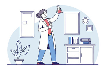 Scientist in a lab coat examines a pink liquid in a flask during a scientific experiment