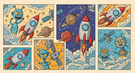 Set of quirky space exploration illustrations. Doodle drawings of retro rockets, aliens, planets, and satellites. Sci-fi comic book style with a vintage touch