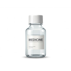 Obraz premium Clear glass medicine bottle with white cap and label, promoting health and wellness solutions