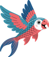 Obraz premium Whimsical coral and blue winged fish with happy expression bird wings