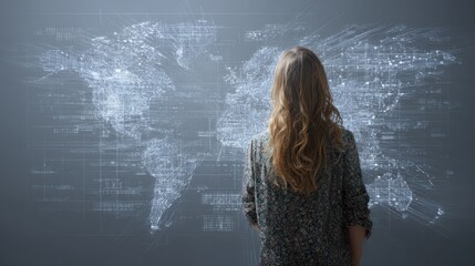 Woman viewing global data map