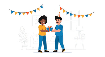 Cheerful Moment Of Giving Birthday Gift To Friend On Festive Party