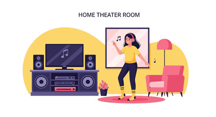 Cheerful Woman Enjoying Music And Dancing At Home Theater Entertainment System