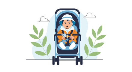 Cute Baby In Stroller Enjoying A Walk In A Peaceful Environment With Clouds