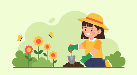 Cute Girl Cartoon Gardening With Sunflowers And Butterflies Illustration