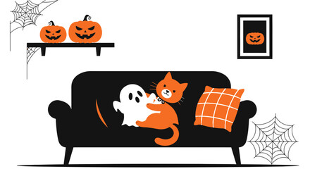 Cute Halloween Scene Featuring Cat Ghost And Pumpkins Cozy Home Interior