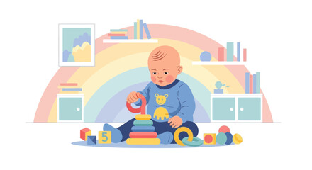 Cute Infant Boy Stacking Rings In Playroom With Rainbow Background