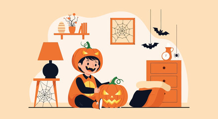 Cute Halloween Celebration With Child in Pumpkin Costume Carving a Pumpkin