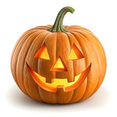 A carved halloween pumpkin with a glowing face on a white background
