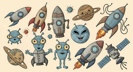 Set of quirky space exploration illustrations. Doodle drawings of retro rockets, aliens, planets, and satellites. Sci-fi comic book style with a vintage touch
