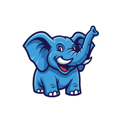 Friendly, cheerful cartoon elephant mascot logo with a raised trunk and a bright smile, featuring vibrant blue colors.
