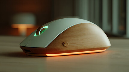 Modern ergonomic computer mouse with wood grain accents and glowing green scroll wheel green glow