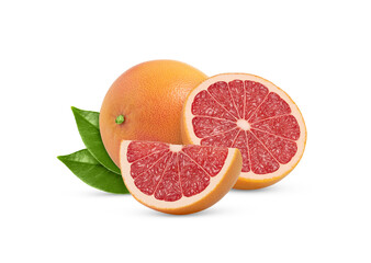 Juicy grapefruit and cut in a half and in a wedge with green leaf isolated. Citrus fruits with...