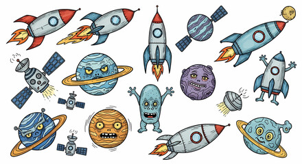 Set of quirky space exploration illustrations. Doodle drawings of retro rockets, aliens, planets, and satellites. Sci-fi comic book style with a vintage touch